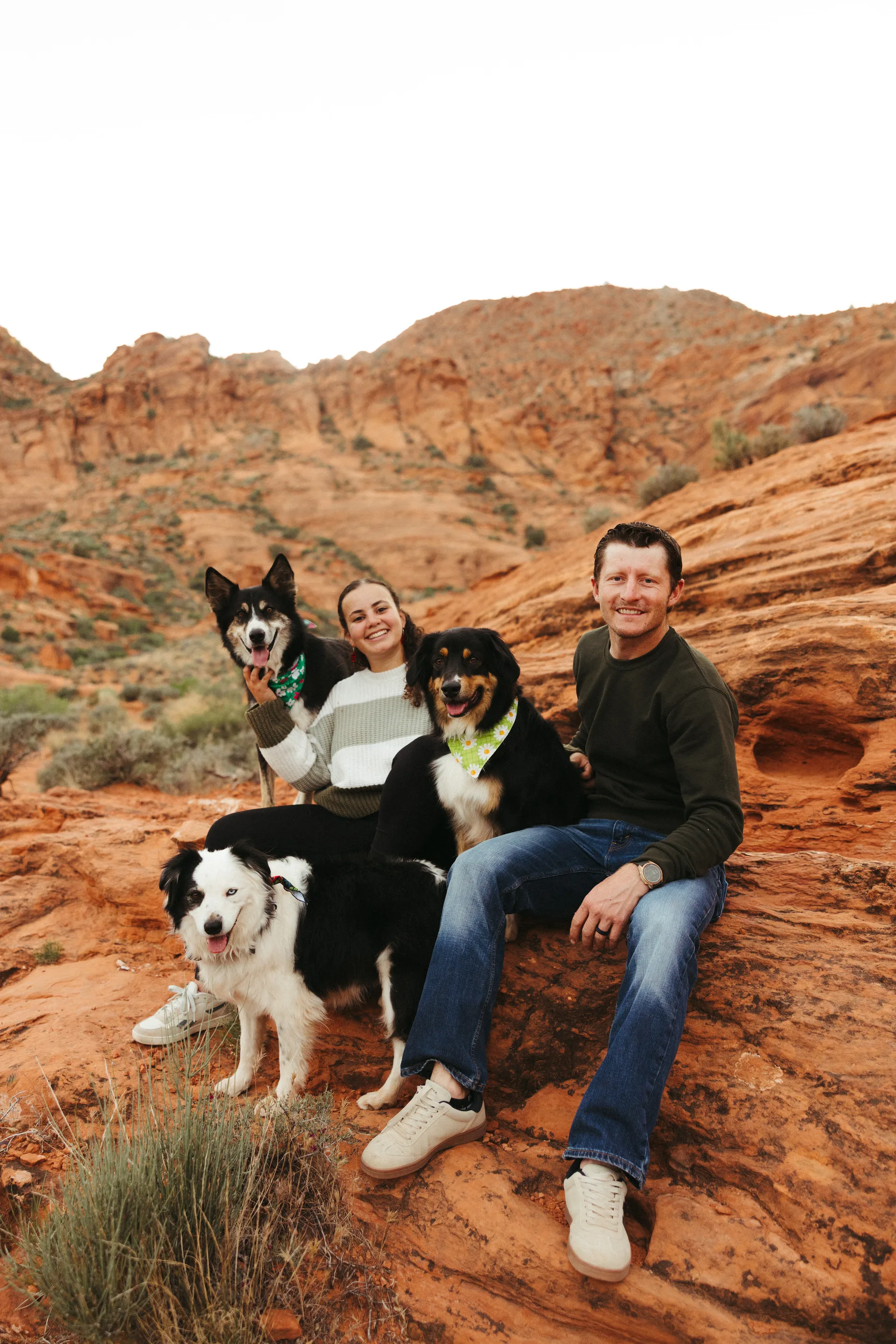 Couple with their dogs overlooking Utah red rock canyons